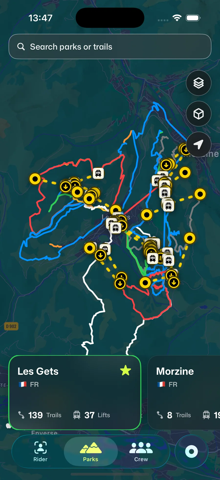 Berm park map of Les Gets with trails coloured by difficulty and lifts drawn as dotted lines