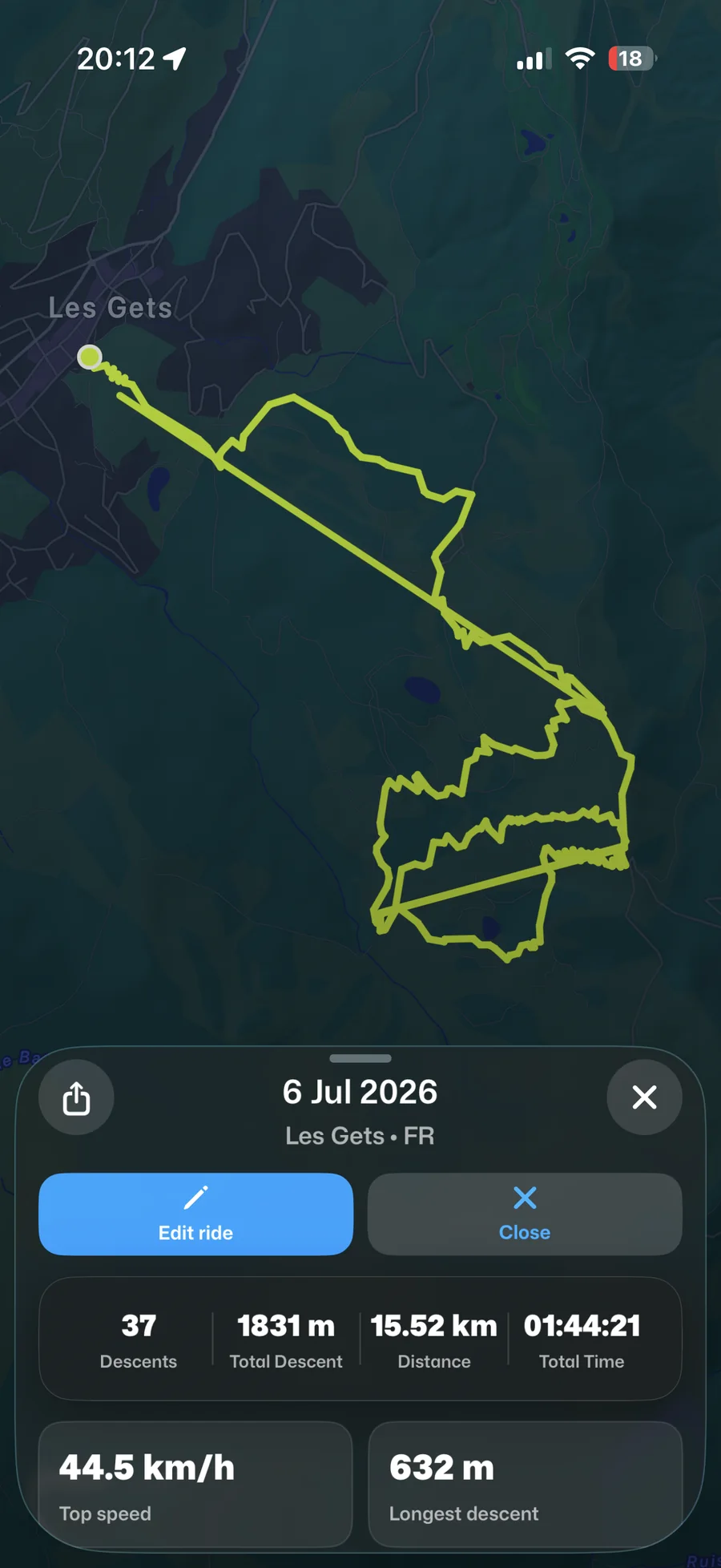 A Les Gets ride in Berm: 37 descents, 1831 m of descent, 15.52 km, 44.5 km/h top speed