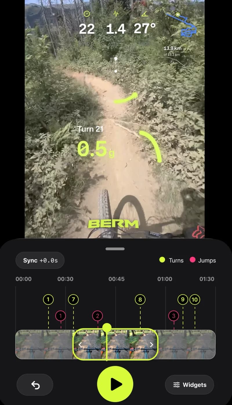 Berm video editor overlaying speed, G-force and lean on trail footage, with turns and jumps on the timeline